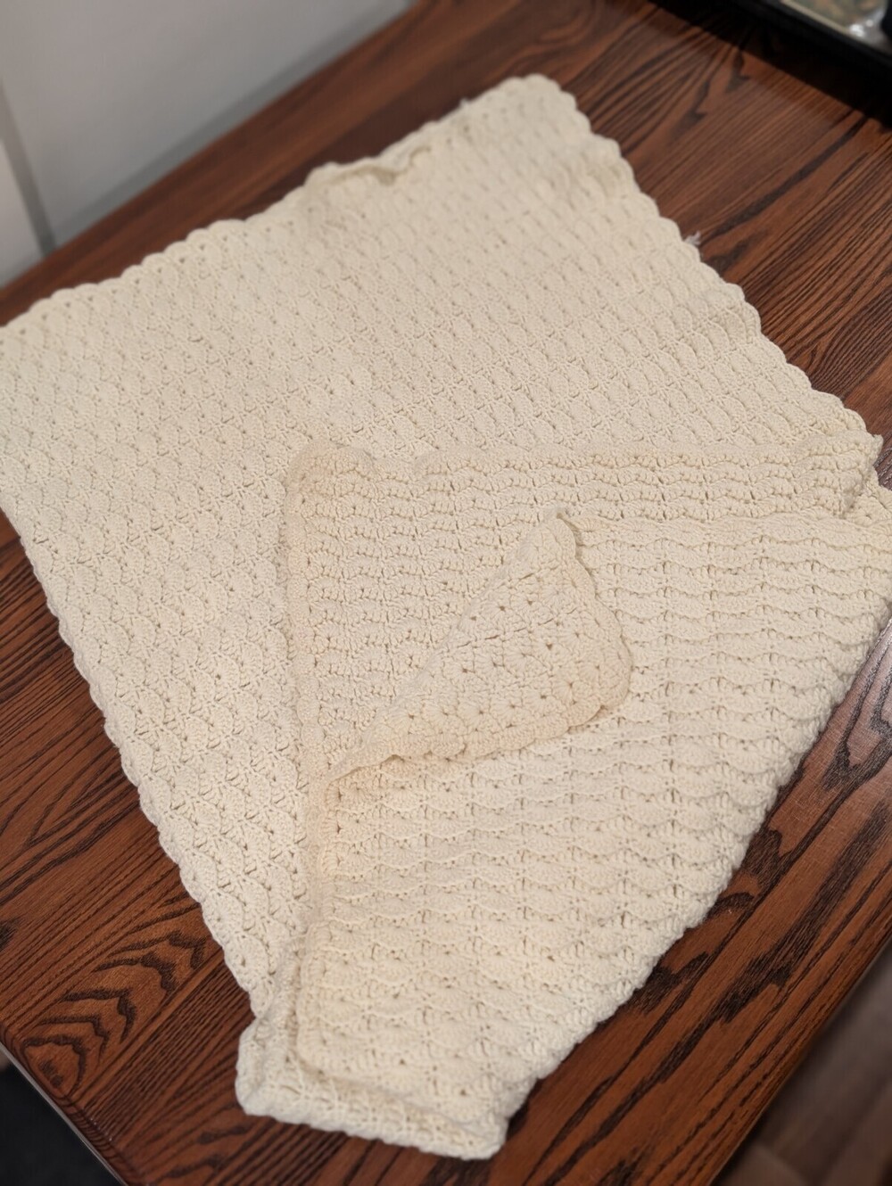 Hand Crocheted Ivory Cream Afghan Throw Crib Blanket 36x48 Scalloped Edge